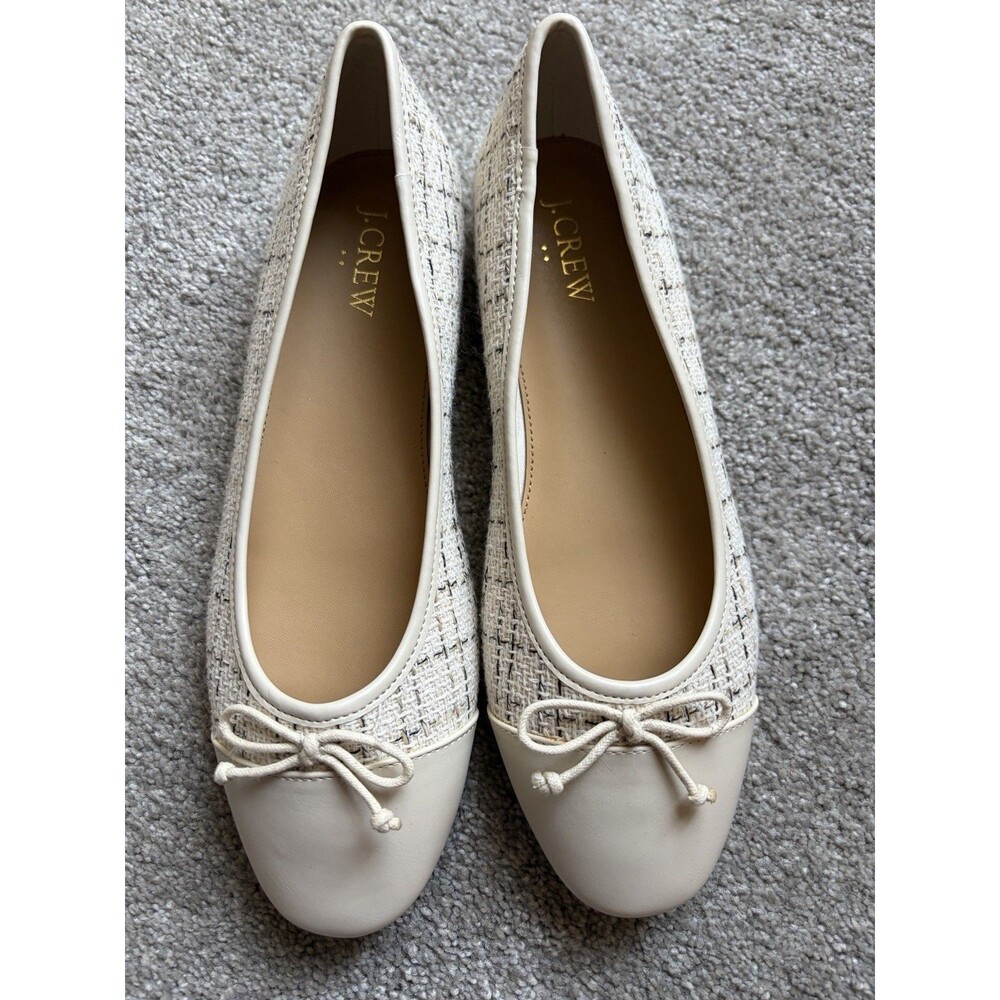 J. Crew Ivory Tweed Cap Toe Ballet Flats with Bow Detail Size 7.5 NEW
